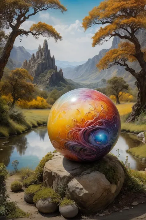 (Ultra realistic, Wonderful, intricate photography, movie shot), (a superb, ultra realistic Elemental encaustic painting of a Dreamseers Balances a ball on its nose, outdoor), (Highly detailed, amazing fantasy setting), (Colorful, Ultra Realistic, High qua...