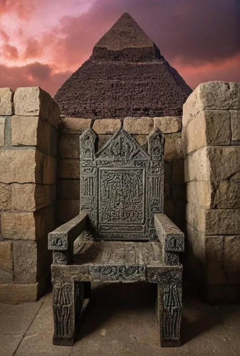 a close up of a stone bench near a stone wall and a pyramid