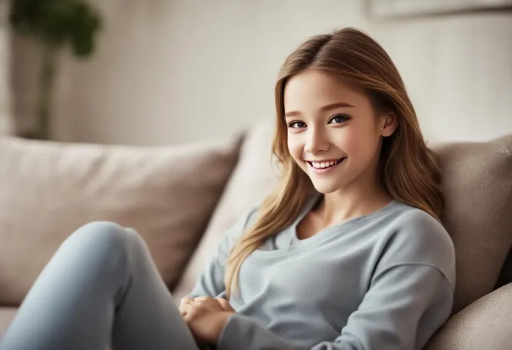 a close up of a woman sitting on a couch with a remote