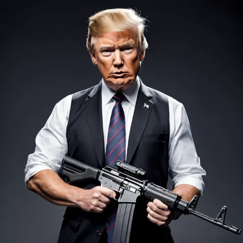 donald trump holding an ak-47, (black clothes), ((extreme skin detail)), hdr, ((ultrarealistic)), ((photo)), bokeh, depth of field, 8k uhd, dslr, soft lighting, high quality, Fujifilm XT3, ((small fingers))