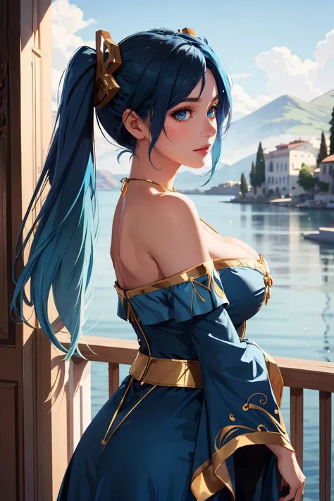 masterpiece, best quality, Ray tracing, hdr, volumetric lighting,
1girl,
 <lora:Sona_Classic_LeagueOfLegends_FefaAIart:0.9>, sona, blue hair, blue eyes, gradient hair, twintails, hair ornament, long hair,
greek scenery, 
off shoulder, blue dress with gold ...