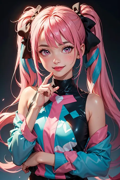 a close up of a person with pink hair and a blue and pink outfit