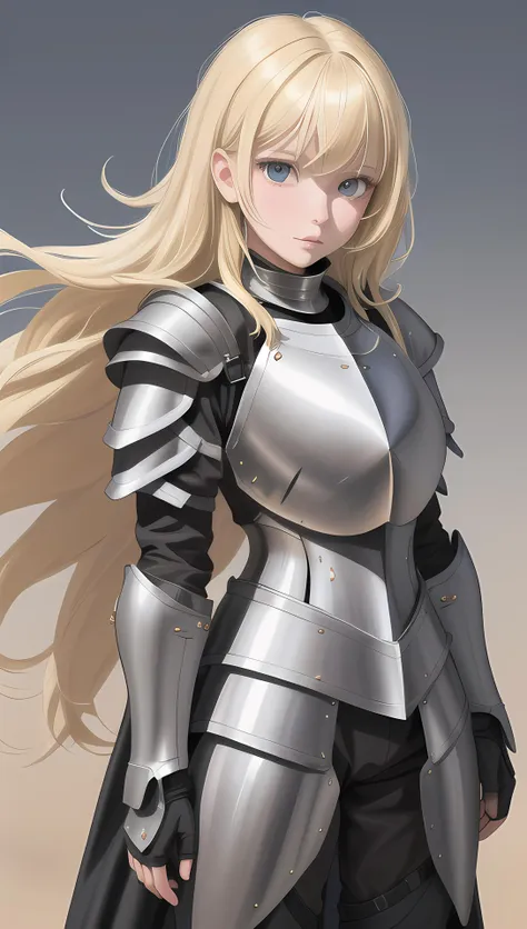 a woman in a silver armor with long blonde hair