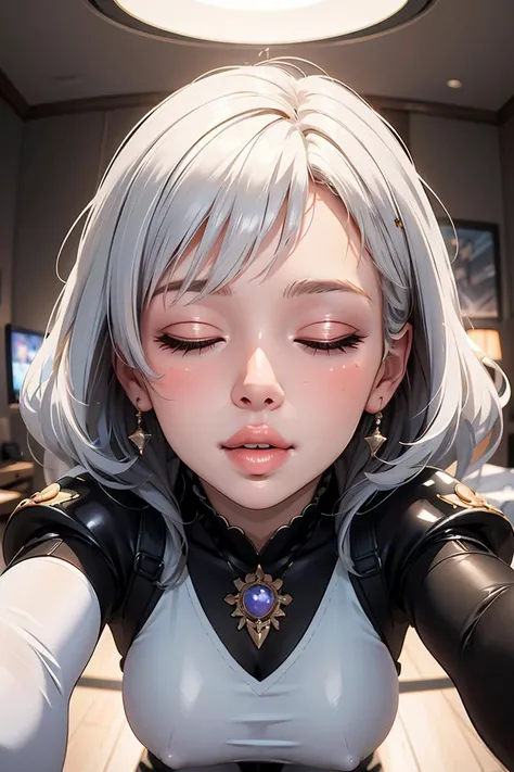 masterpiece, best quality, Ray tracing, hdr, volumetric lighting,
1girl, flushed, 
longe white hair, closed eyes, 
<lora:PovKiss_Peck_FefaAIart:0.8>, pov, kiss, peck lips, (round lips:1.3), (thick lips:1.3), incoming kiss,  
 outstretched arms,