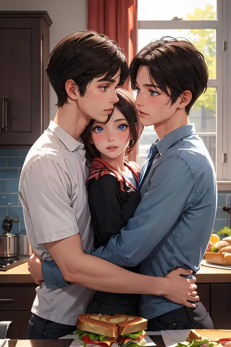 anime couple hugging in kitchen with sandwich and salad on counter