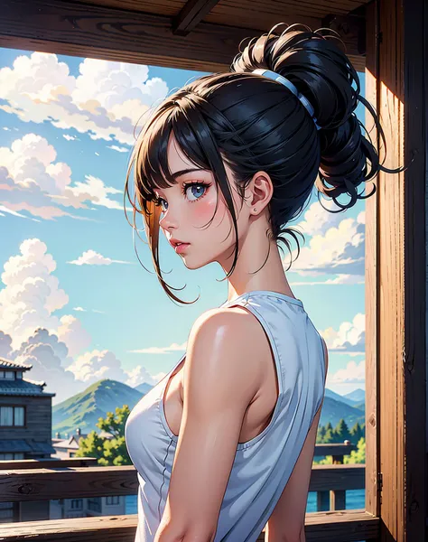 anime girl with ponytail hair and blue eyes standing on a balcony