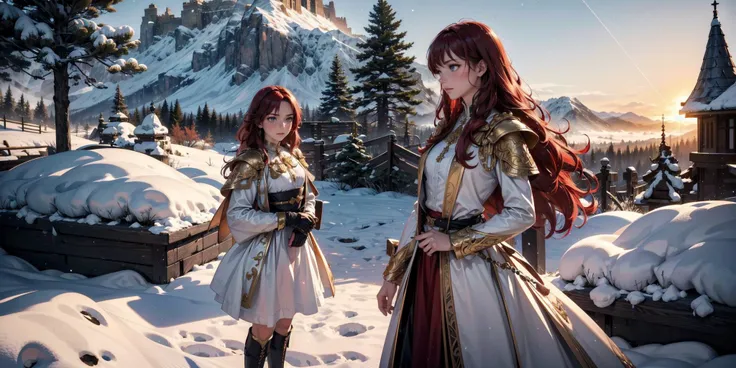 two women in medieval clothing standing in the snow near a mountain