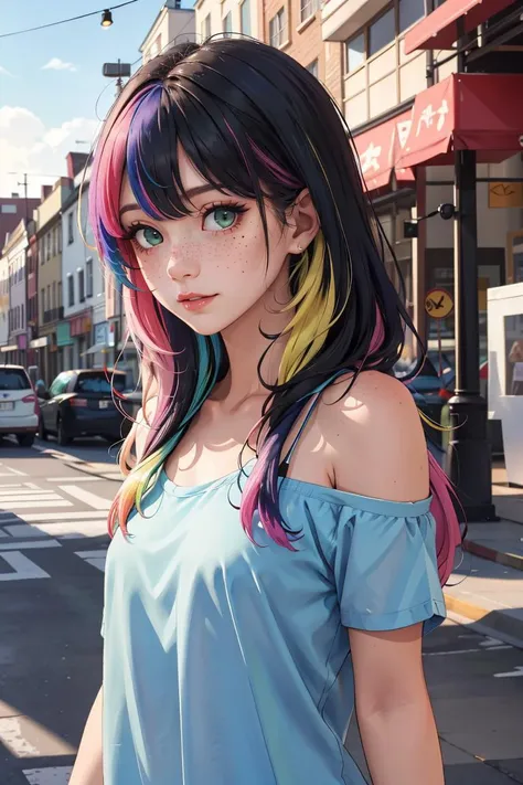 anime girl with colorful hair and blue top on the street