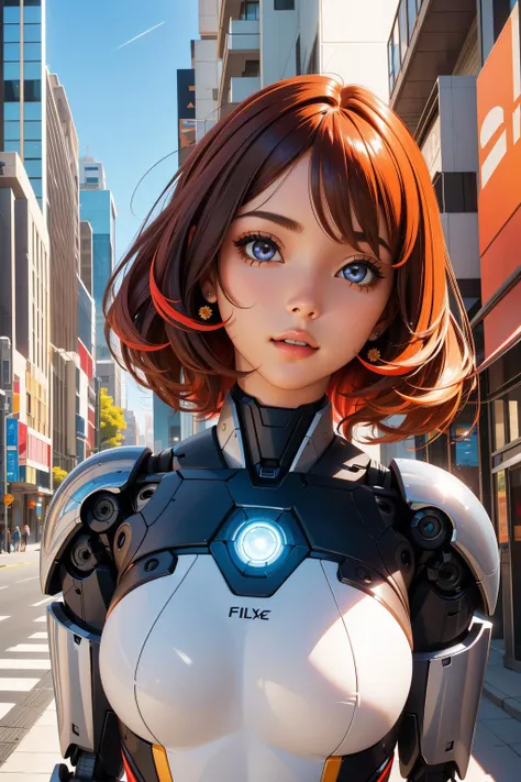 1girl, (designed by Hal Foster:1.0) and (Sam Mayle:1.0) and (Philip McKay:0.9) , vibrant futuristic interpretation of, award winning, Street level shot of a Authentic Varied thick Colombian (Female Robot:1.3) , she has Ginger hairstyle, hairpin, Chrysanthe...