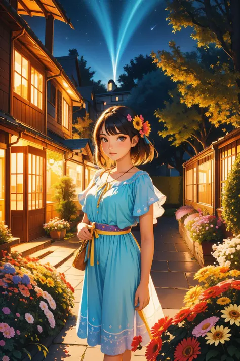 1girl, vibrant 3d blender render, stylized, wide angle of a Wizardcore Entrancing ("Past, Present & Future":1.3) , Warm garden in background, dense flowers and cityscape, at Golden hour, FOV 90 degrees, Vivid, Light, Cobra, side lit, Selective focus, Singl...