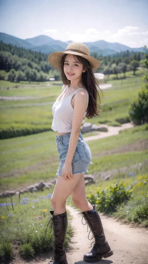 1girl,solo,photo of a cute girl,full body,light smile,charming,20yo,black hair,black eyes,Lightweight clothes,hiking boots,sun hat,sunscreen,insect repellent,dynamic angle,
Wildflower meadows,vibrant colors,rolling hills,fresh air,panoramic views,picturesq...