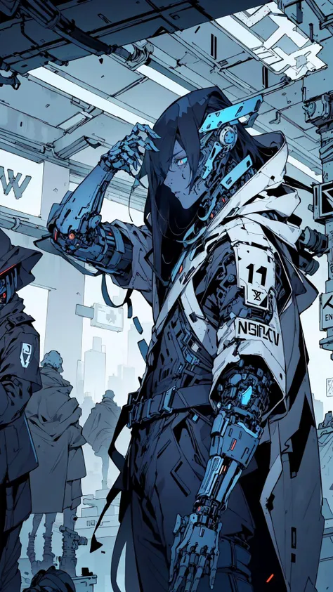 by josan gonzalez,masterpiece, (1man), (half body), tall young man, ((male focus)), tall mature guy, long red hair, neon blue horns, pale skin, scarlet eyes, moles, , sparks, particles,cyberpunk, cyborg, looking_at_viewer,, fortified suit,long black coat, ...