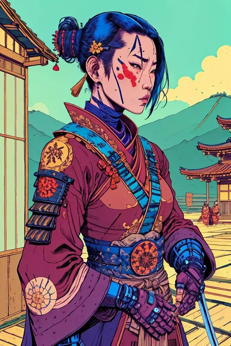 samurai woman, in rural japanese, by josan gonzalez