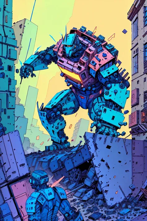 a giant robot destroying the building, by josan gonzalez