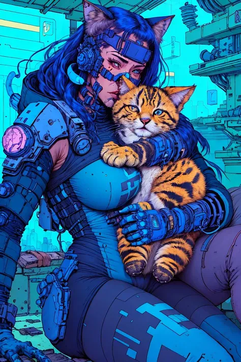 cyberpunk woman cuddle with a giant cute cat, by josan gonzalez