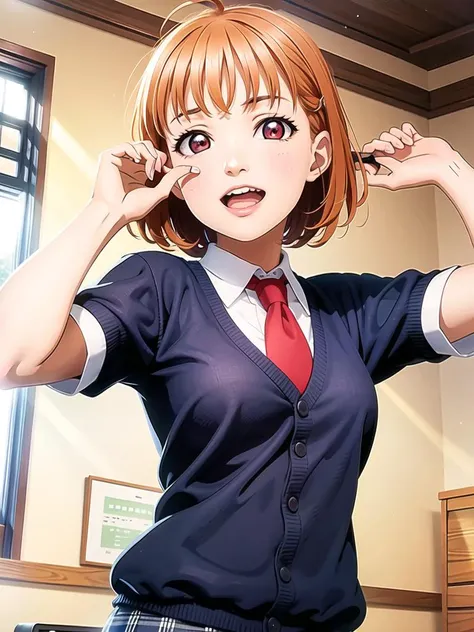 anime girl in a school uniform holding her hands up to her ears