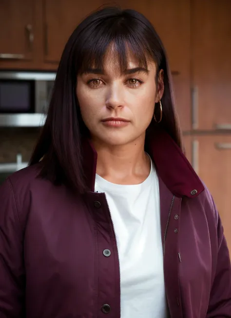 portrait of skswoman, pained , wearing outerwear , with burgundy Wispy bangs , background kitchen epic (photo, studio lighting, hard light, sony a7, 50 mm, matte skin, pores, colors, hyperdetailed, hyperrealistic), <lyco:Demi MooreV3:1.2>