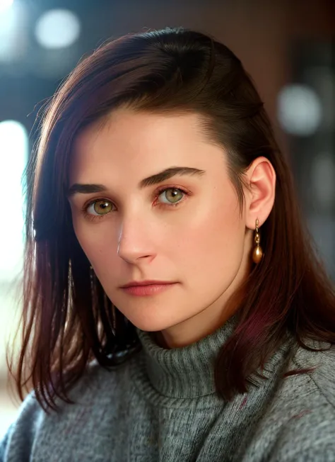 portrait of skswoman, neutral , wearing sweater , with dark red Long layers , background city epic (photo, studio lighting, hard light, sony a7, 50 mm, matte skin, pores, colors, hyperdetailed, hyperrealistic), <lyco:Demi MooreV3:1.2>