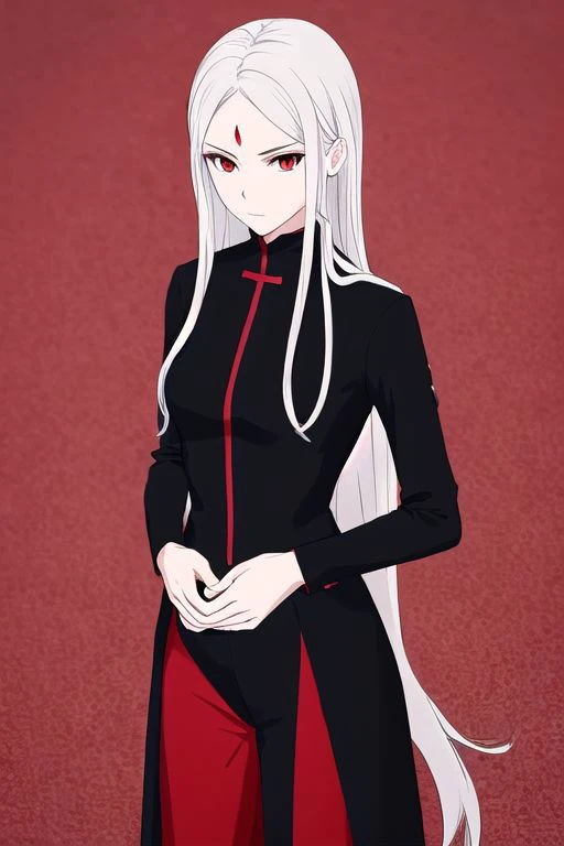 illustration,
salem,
30 tall slender person,
scars over the body,
red eyes, 
long black hair,
messy hair,
combat dress,
torn edges of clothing,
simple black shirt and pants,
red white, and black colors,
standing, cowboy shot,
looking at viewer,
dynamic lig...