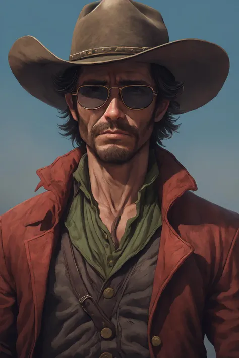 <lora:w3st:0.8>  w3st man portrait, cowboy, red jacket, glasses