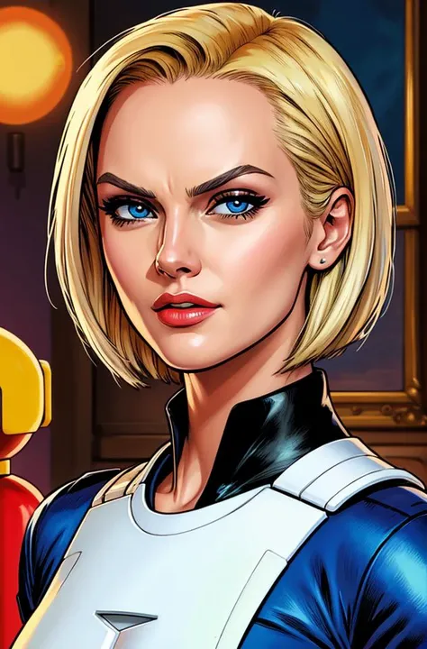 ((comics style)), face and bust portrait of android 18, best quality, masterpiece