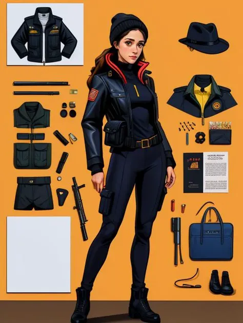 extremely detailed and realistic (brightly colored digital comic art with stroked outlines),  
cg game character reference sheet, [Emmy Rossum|Abigail Spencer] secret agent burglar, 
full body, a knolling of spy clothes and accessories on the wall behind h...