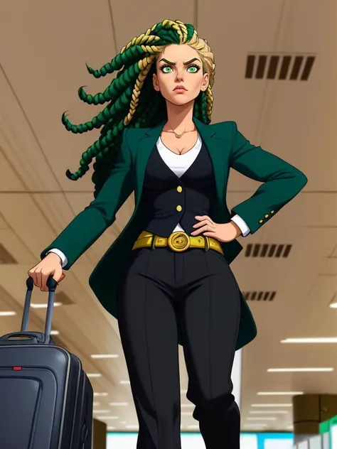 Cartoon Style, SFW, 1girl, solo focus, full body, From Below, Looking Away, Excited, Wide eyes, Jojo Pose, Airport, Blazer, Banshee Tail, 1Girl, Mature female, Adult, Big Hair, Cornrows, Two-tone Hair, Dark Green Hair, Blonde Hair