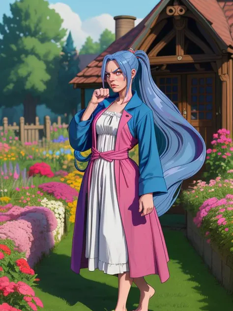 Cartoon Style, SFW, 1girl, solo focus, full body, Dutch Angle, Looking Away, Angry, Wide-open eyes, Paw Pose, standing, Garden, Housecoat with open front, Garter, 1Girl, Mature female, Adult, Very Long Hair, Ponytail, Colored Inner Hair, Blue Hair, Pink Ha...