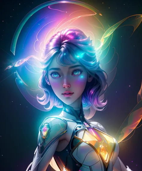 half body, UHD 8k, ultra detailed, beautiful lighting, , a cinematic photograph of a translucent woman made of prismatic crystal, light refraction, colorful prism, translucent beautiful woman made of color and light, swirling colorful nebula background, 