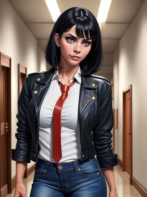 (SFW), UHD, 8k, full color ultra detailed photorealistic digital lineart painting,
black hair with bangs, madivy, leather jacket, jeans, white buttoned (shirt) with red necktie, blue eyes,  heavy makeup, 
school hallway, sexy mood,  flirting, cheeky smile,...