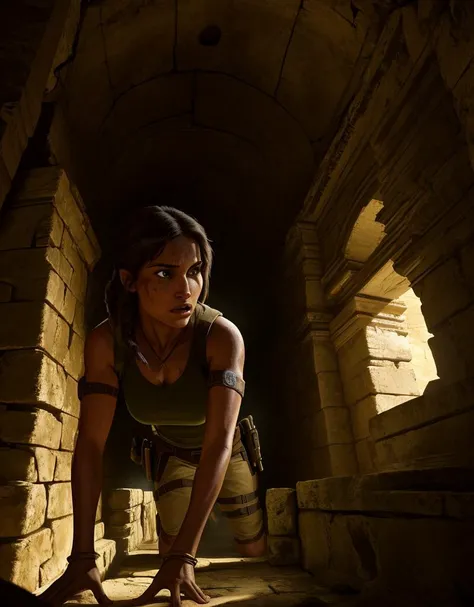 1girl, UHD 8k, ultra detailed, beautiful lighting, , a cinematic photograph of Lara Croft exploring an ancient tomb, 1girl