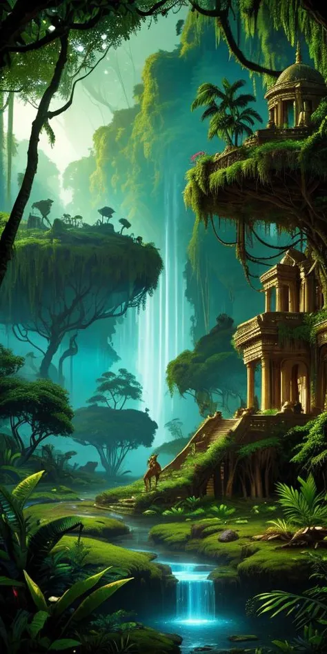 UHD 8k, ultra detailed, beautiful lighting, , a cinematic photograph of an an enchanted ancient civilization, long forgotten, majestic civilization overtaken by nature deep in the jungle