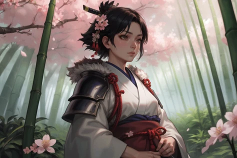 (masterpiece, best quality, absurdres, 4k, aesthetic, detailed, intricate),cinematic angle,upper body,bamboo forest,flowers,1girl,samurai,Japanese,full armor,fur trim,serious,cherry blossoms