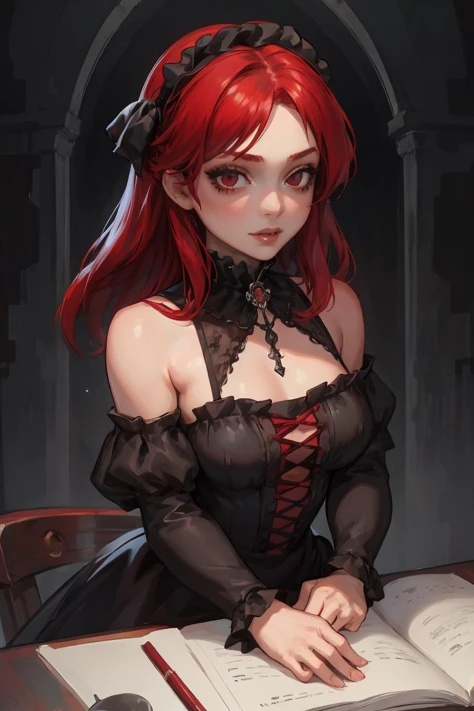 (masterpiece, best quality), 1girl, red hair, medium chest, gothic frill dress, pervert face,