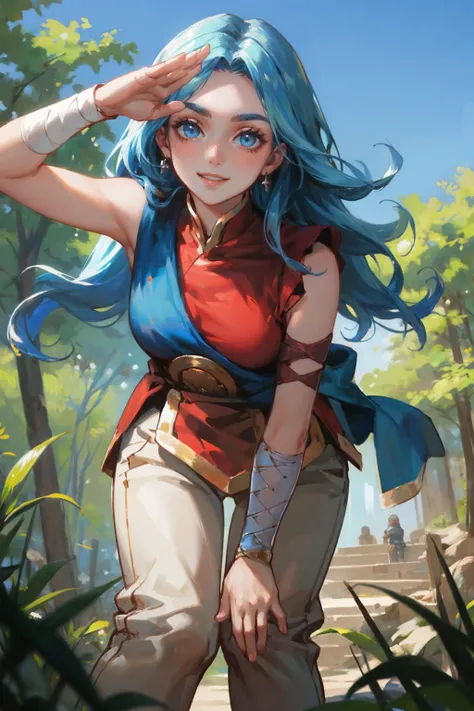 a woman with blue hair and blue eyes standing in the woods