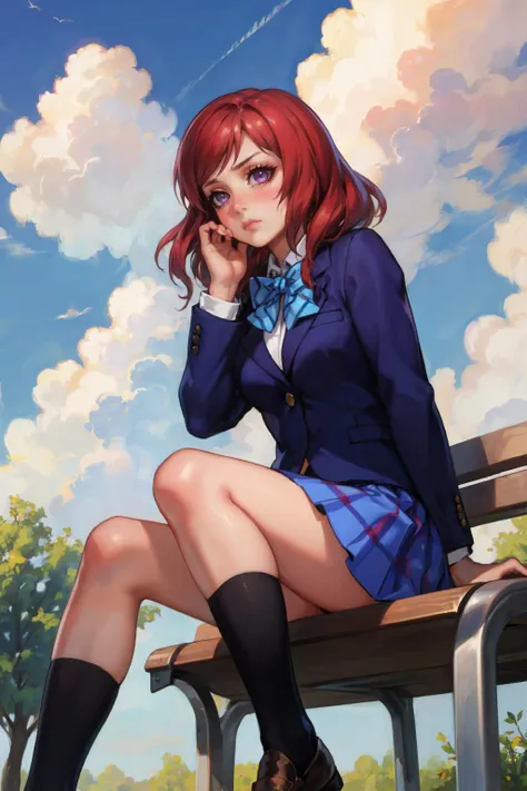 masterpiece, best quality, <lora:llmaki-nvwls-v1-000010:0.9> defMaki, blue blazer, striped blue bowtie, long sleeves, plaid miniskirt, blue miniskirt, blush, frown, sitting, bench, hand to own face, sky, clouds, park, socks, loafers