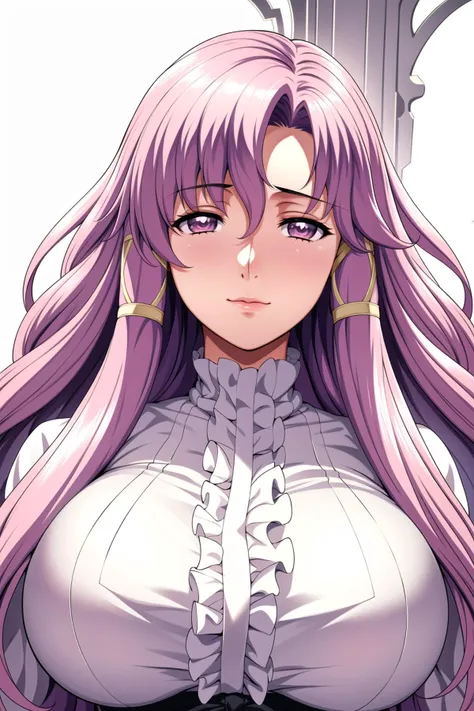 a close up of a woman with long purple hair wearing a white shirt