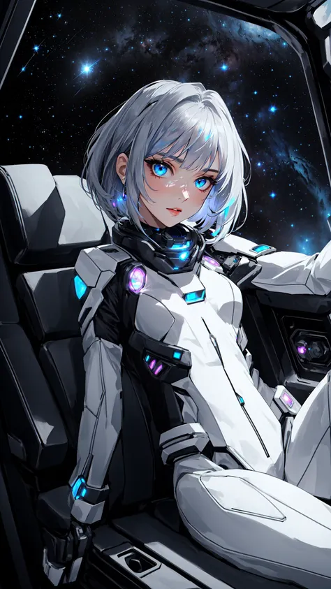 (Layered Depth, Parallax Effect, Soft focus foreground:1.3) (beautiful young skinny caucasian adult woman sitting in spaceship cockpit looking over shoulder at viewer:1.2), (over the shoulder:1.1), (movie still:1.1), side view, (spaceship cockpit:1.1), glo...