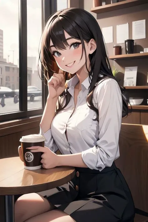 1girl, sitting in a coffee shop, big smile, coffee cup in hand, skirt, button up shirt