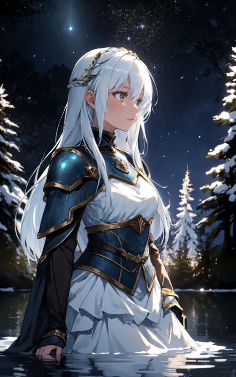 (Layered Depth, Parallax Effect, Soft focus foreground:1.3) (cowboy shot, solo_focus, cinematic photoshoot of perfect seductive young woman:1.3), In the heart of a moonlit, ancient forest, a solitary Valkyrie kneels beside a serene lake. The water mirrors ...