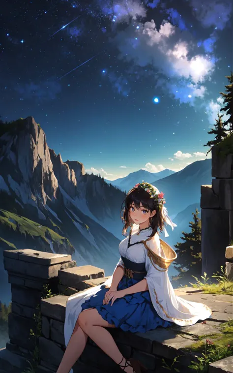 (Layered Depth, Parallax Effect, Soft focus foreground:1.3) (1girl, perfect seductive young woman Discovering an Ancient Artifact Atop a Mountain:1.3) mystical artifact on a mountaintop, surrounded by ancient ruins, under a canopy of stars, the artifact gl...