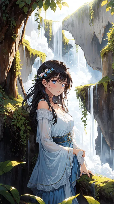 (Layered Depth, Parallax Effect, Soft focus foreground:1.3) (1girl, perfect seductive young woman Discovering a Hidden Sanctuary in the Clouds:1.3), sanctuary floating amidst the clouds, ethereal and hidden, with hanging gardens, flowing waterfalls, and pa...