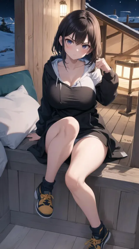 anime girl sitting on a bench with her legs crossed