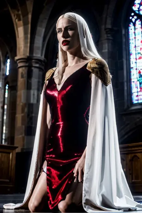 photo of 1 girl,  kneeling, praying in church,<lora:carmilla-lora-nochekaiser:1> carmilla, (((very pale skin))),long hair, white hair, lipstick, blue eyes, makeup,dress, red dress, center opening, vampire tooth, ,<lora:epiCRealismHelper:0.6>,  <lora:lora_p...