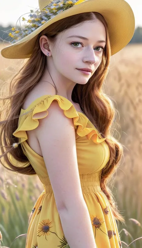 <lora:epiNoiseoffset_v2:1>, a 8k award winning close-up portrait photo of a readhead woman,  macfoyv12 , wearing a yellow summer dress with tall grass and wildflowers in the background, high quality, high definition, rule of thirds, sharp, golden hour, sof...