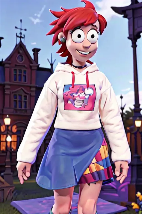 a close up of a cartoon character wearing a skirt and a hoodie