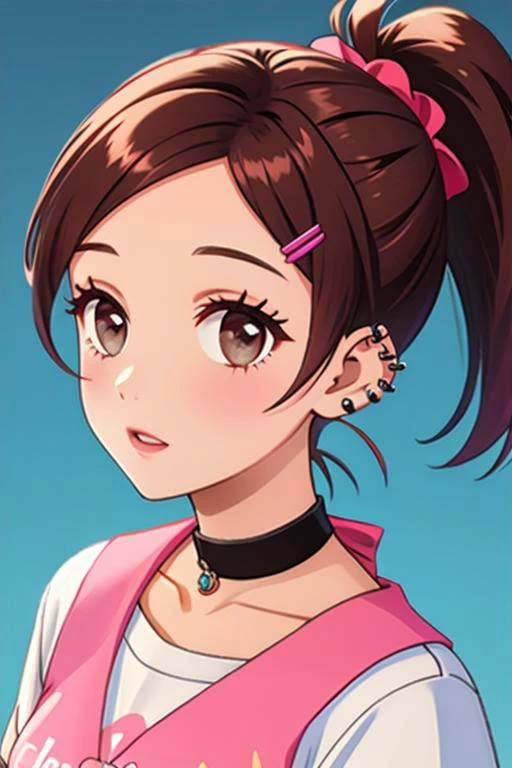 a girl with a ponytail and a pink vest is looking at the camera