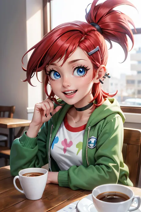 anime girl with red hair and blue eyes sitting at a table with a cup of coffee