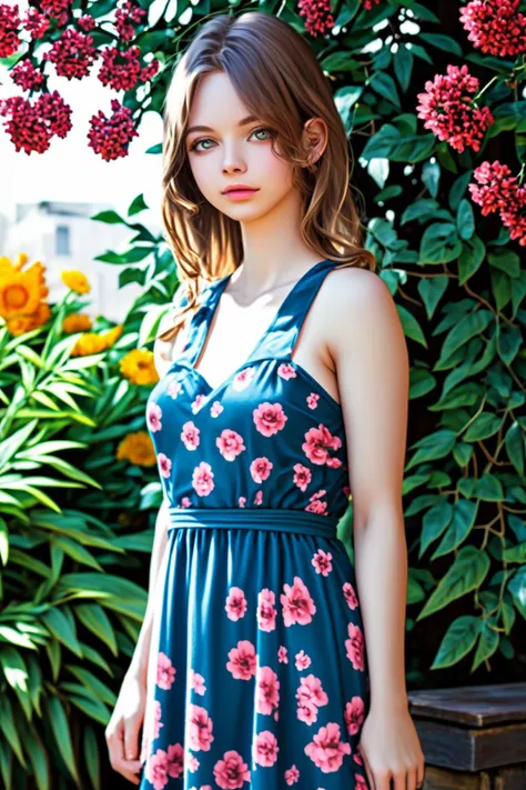 a close up of a woman in a dress standing in front of a bush