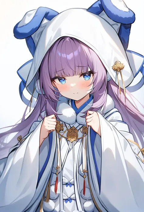 anime girl with purple hair and white hoodie holding a white cat